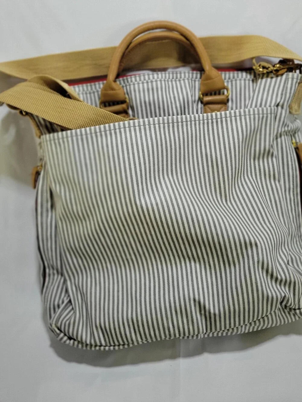 SKIP HOP  Cream & Tan Striped DIAPER BAG with Red Zip Accents